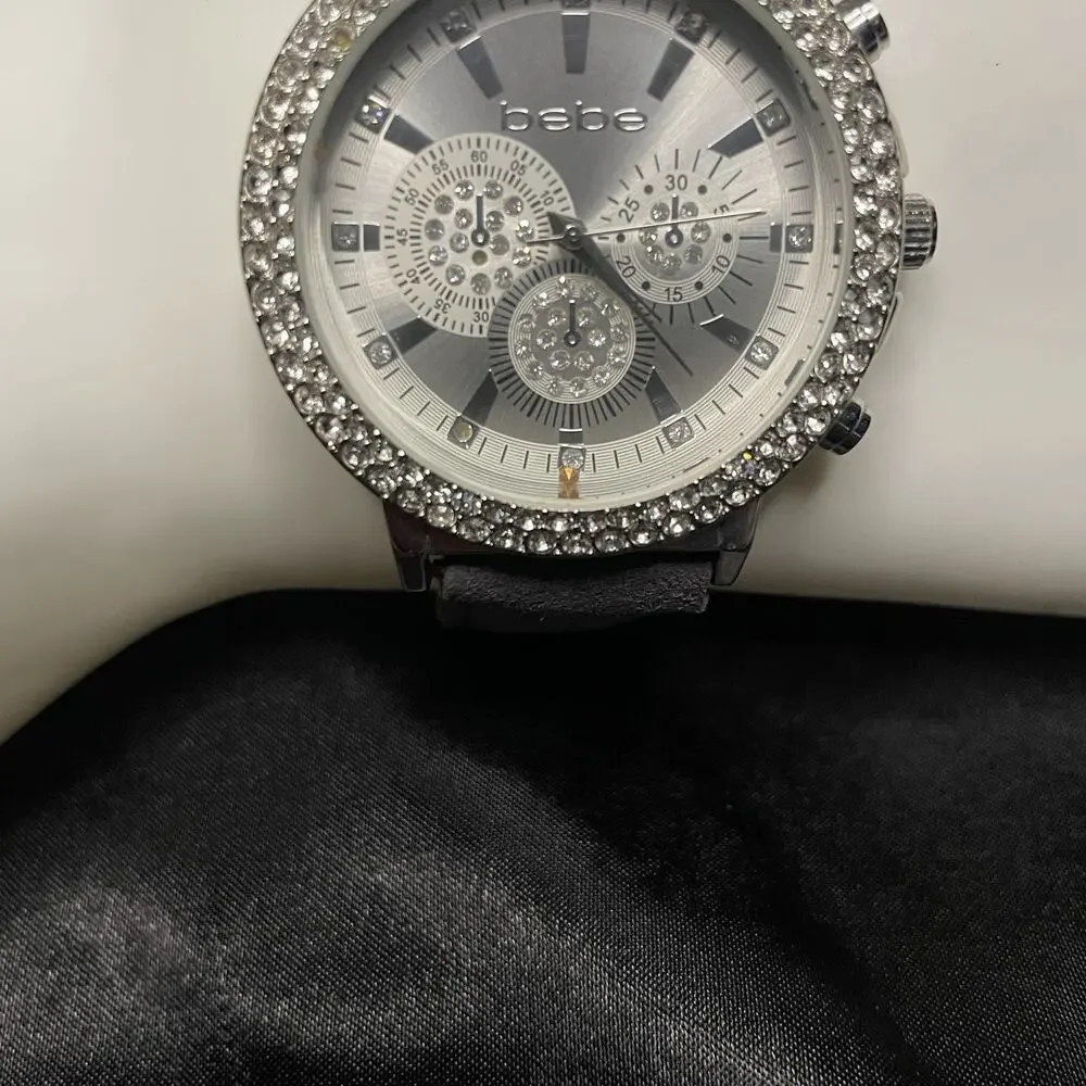 Women’s bebe Quartz Dress Watch Silver Dial Crystal Bezel Gray Leather 45mm